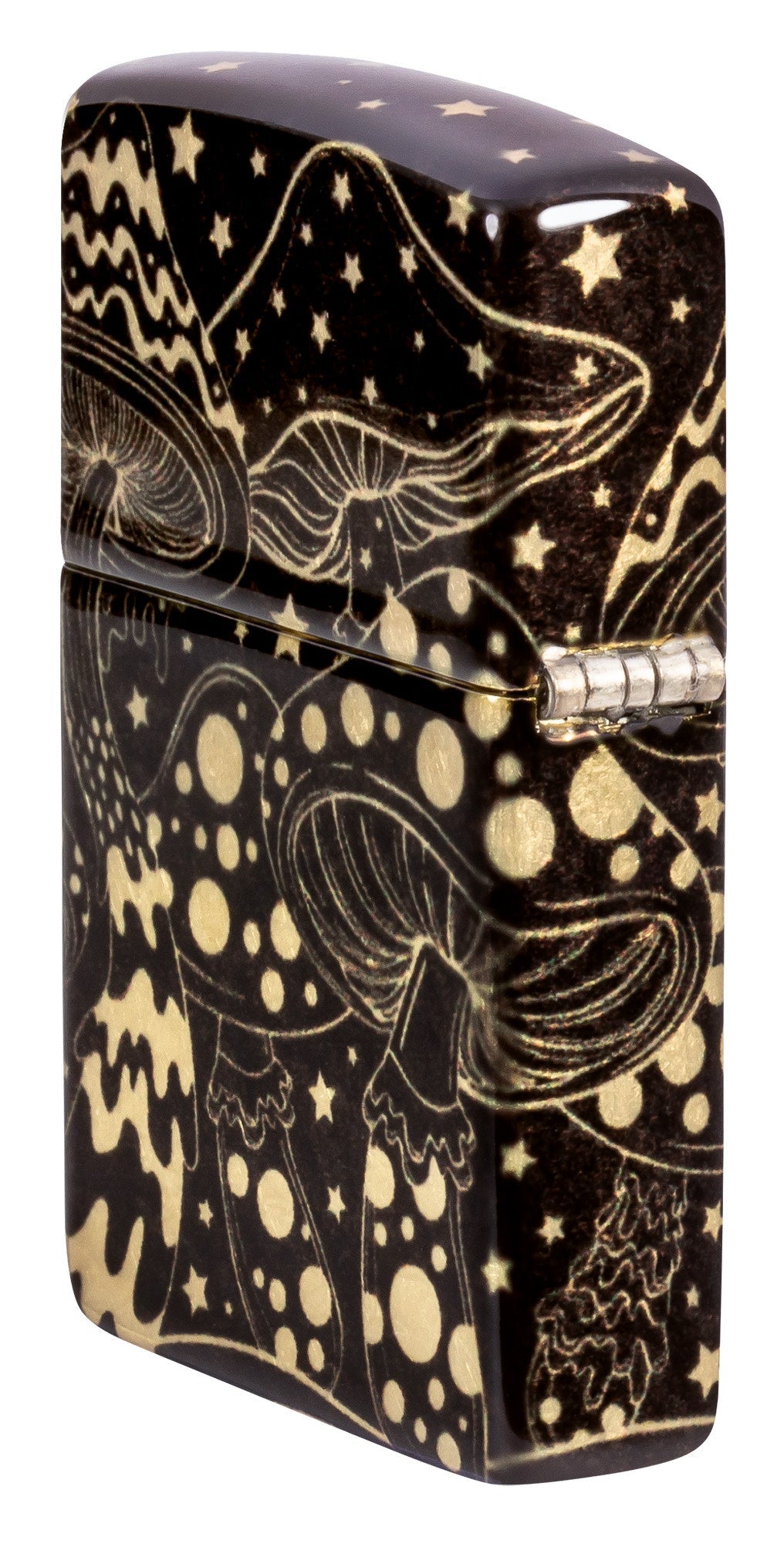 Angled shot of Zippo Mushroom Drift Design 540 Tumbled Brass Windproof Lighter showing the back and hinge side of the lighter.