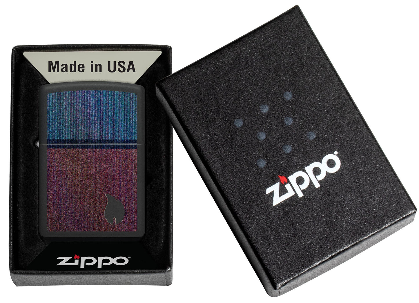 Zippo Color Block Flame Design Black Matte Windproof Lighter in its packaging.