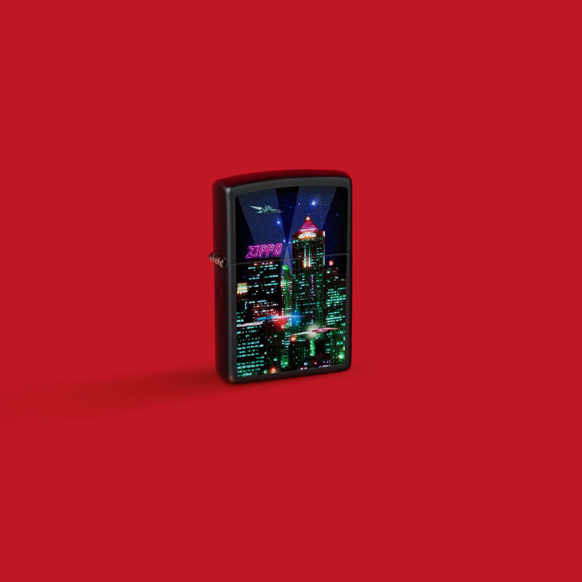 Glamour shot of Zippo Zippo Cyber City Design Black Matte Windproof Lighter Lighter standing in a red scene.