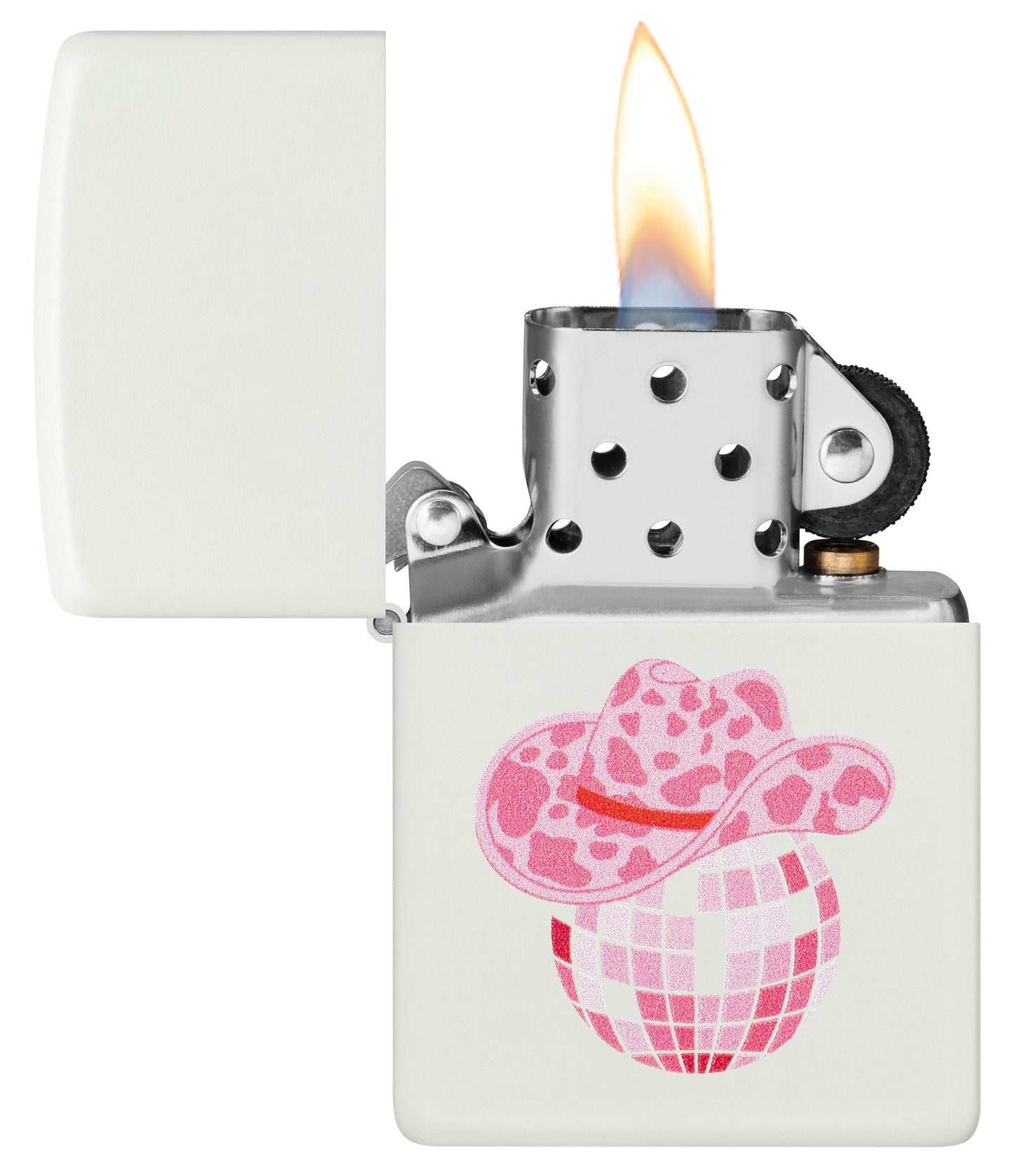 Zippo Honky Tonk Design White Matte Windproof Lighter with its lid open and lit.