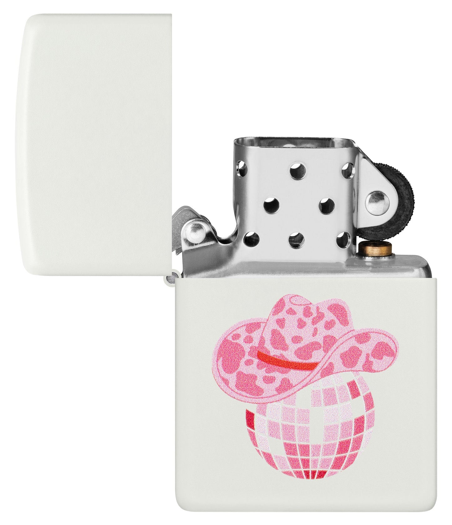 Zippo Honky Tonk Design White Matte Windproof Lighter with its lid open and unlit.