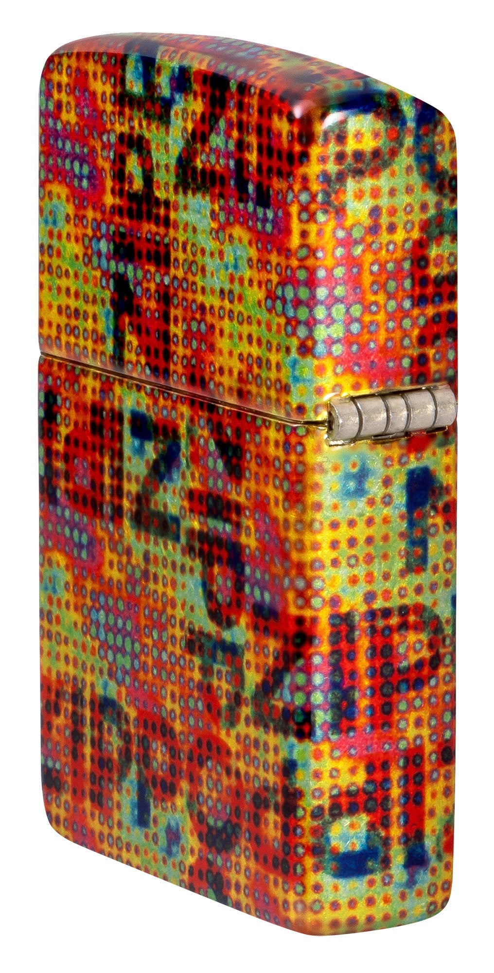 Angled shot of Zippo Pixel Fusion Design 540 Tumbled Brass Windproof Lighter showing the back and hinge side of the lighter.