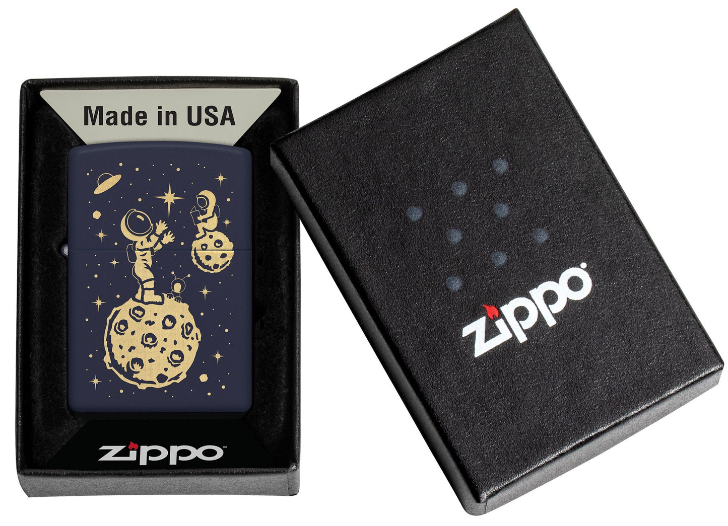 Zippo Lost in Space Design Navy Matte Windproof Lighter in its packaging.
