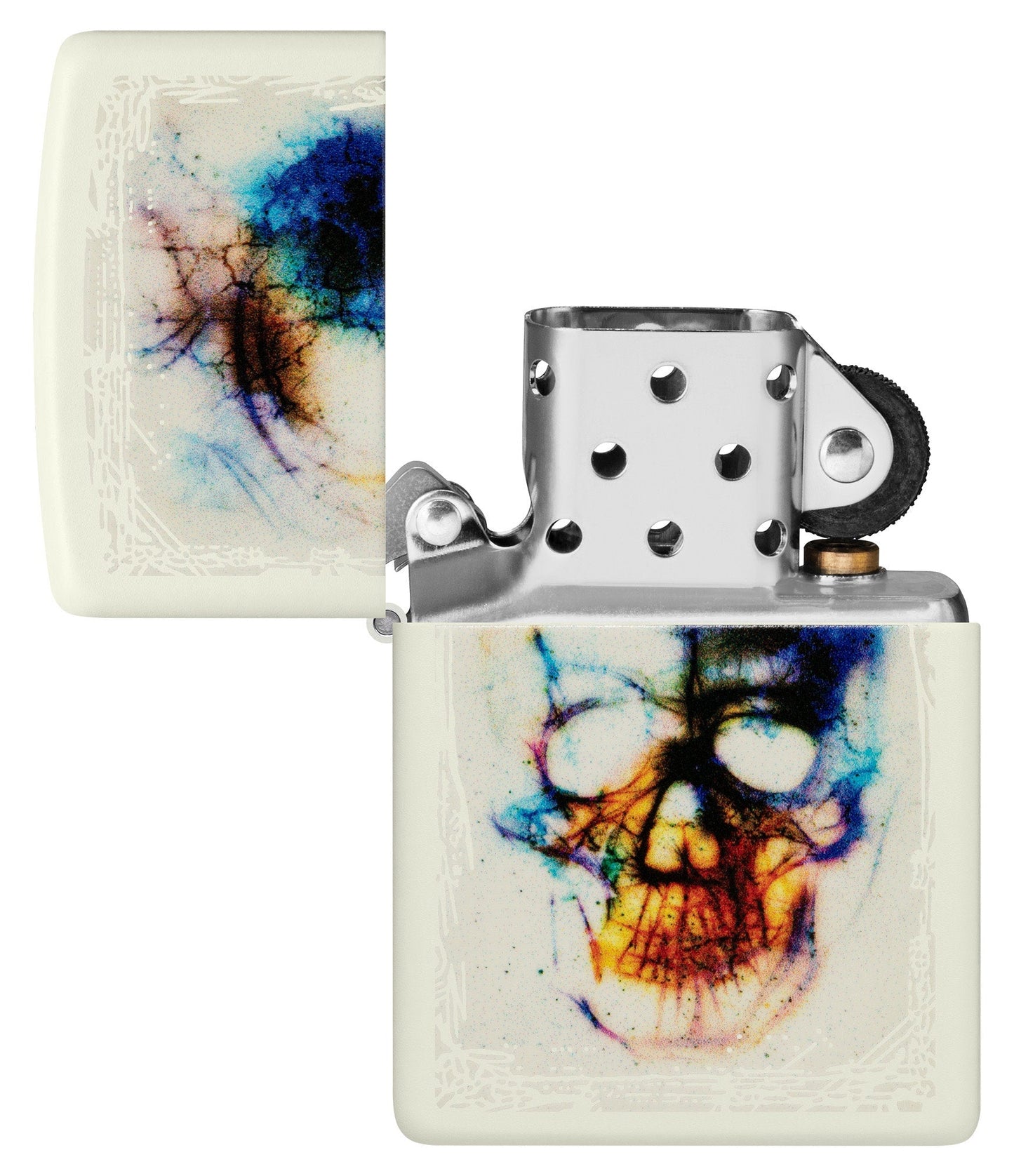 Zippo Zippo Skull Print Design Glow in the Dark Matte Windproof Lighter with its lid open and unlit.