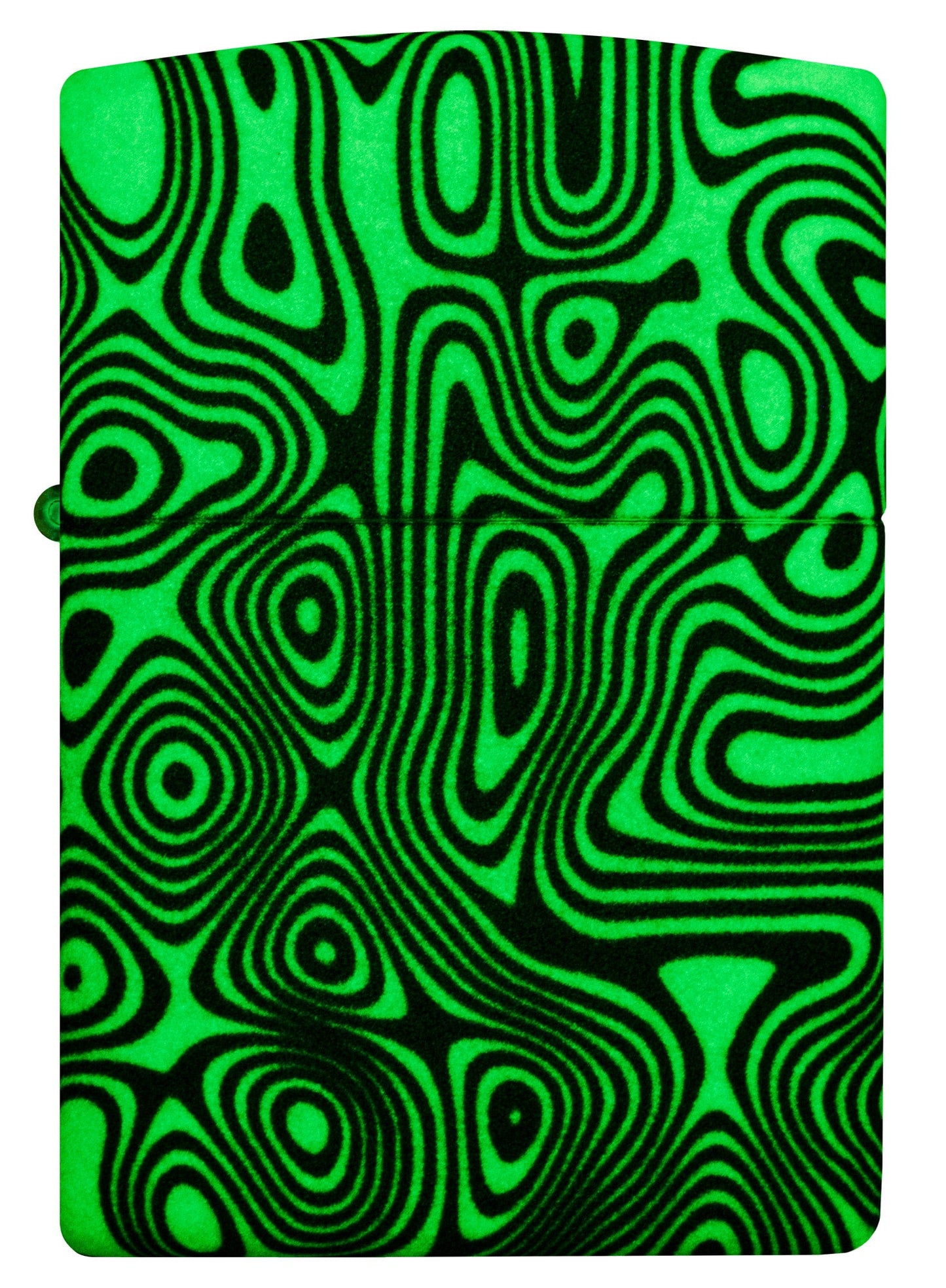 Front view of Zippo Glowing Swirls Design 540 Color Glow in the Dark Windproof Lighter glowing in the dark.