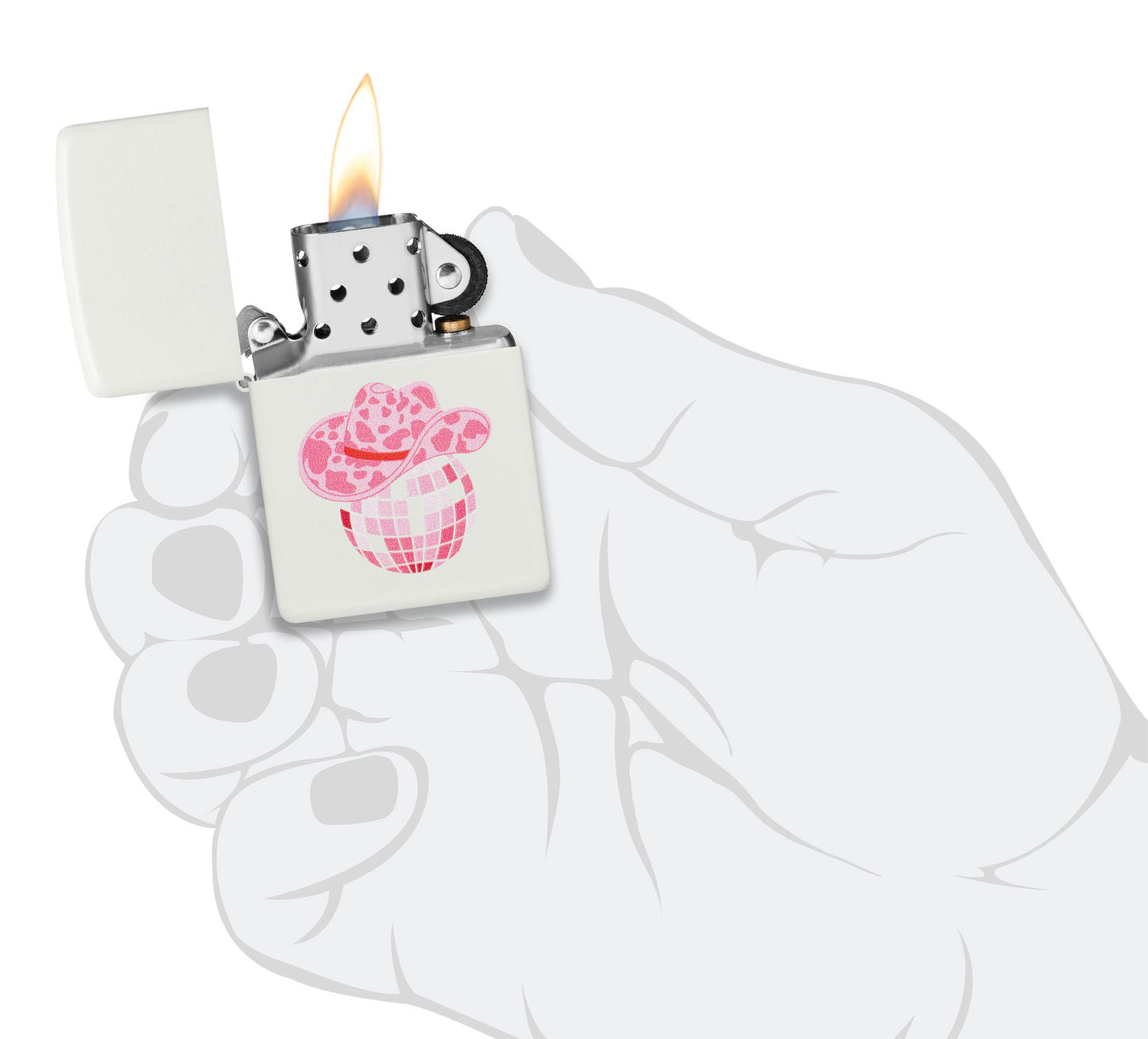 Zippo Honky Tonk Design White Matte Windproof Lighter lit in hand.