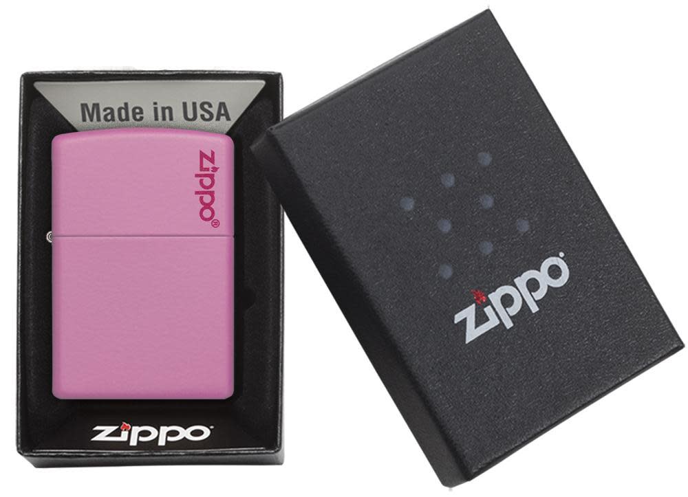 Front view Pink Matte Lighter with Zippo Logo Lighter in one box packaging