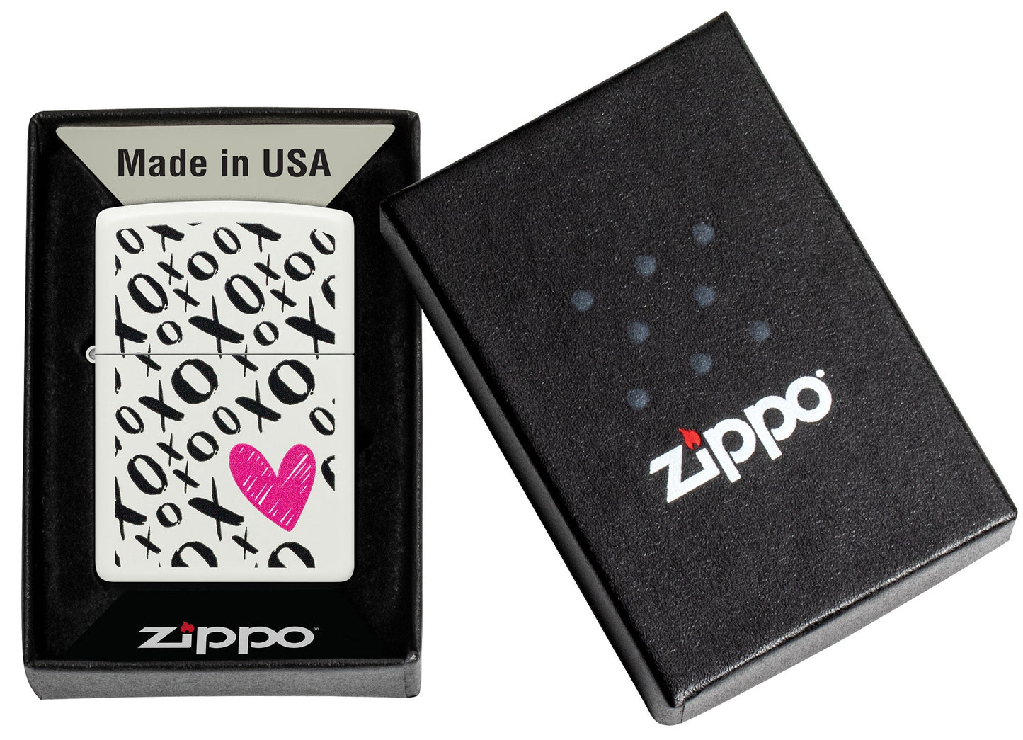 Zippo Hugs and Kisses Design White Matte Windproof Lighter in its packaging.