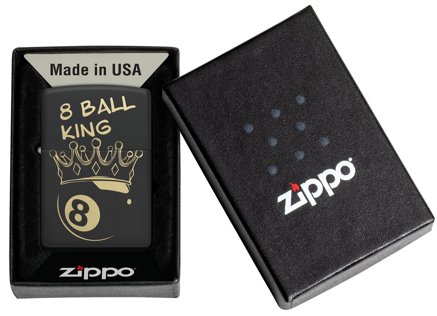 Zippo Billiards Champion Design Black Matte Windproof Lighter in its packaging.