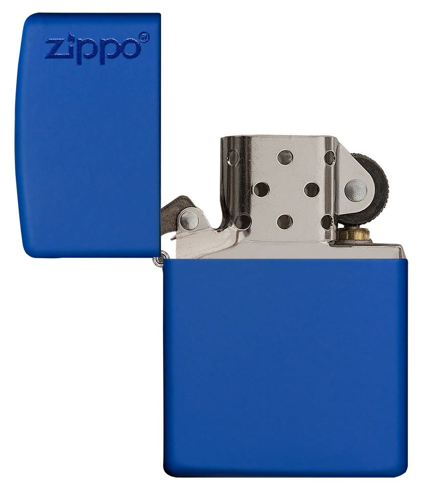 Classic Royal Blue Matte with Zippo Logo with its lid open and unlit.