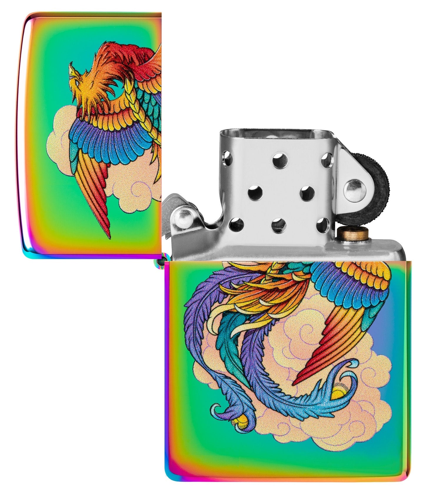 Zippo Phoenix Design Mulit Color Windproof Lighter with its lid open and unlit.
