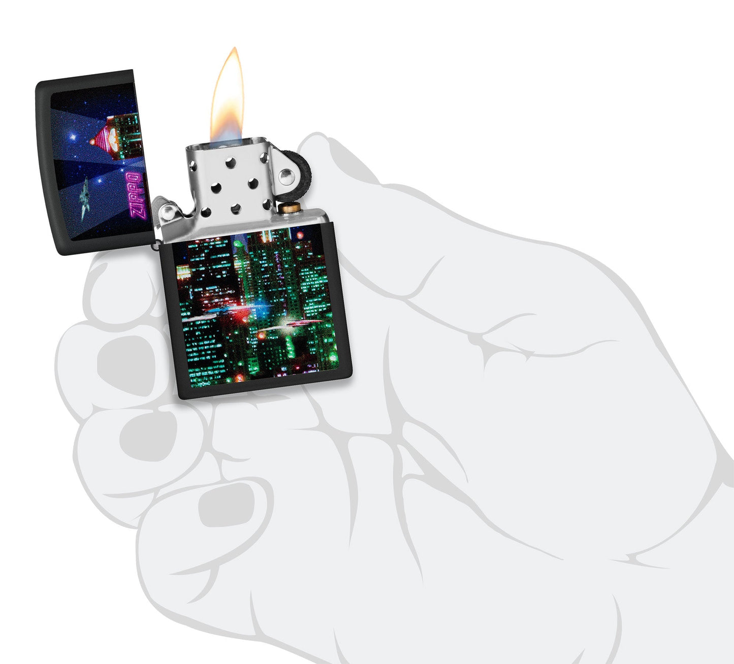 Zippo Zippo Cyber City Design Black Matte Windproof Lighter Lighter lit in hand.