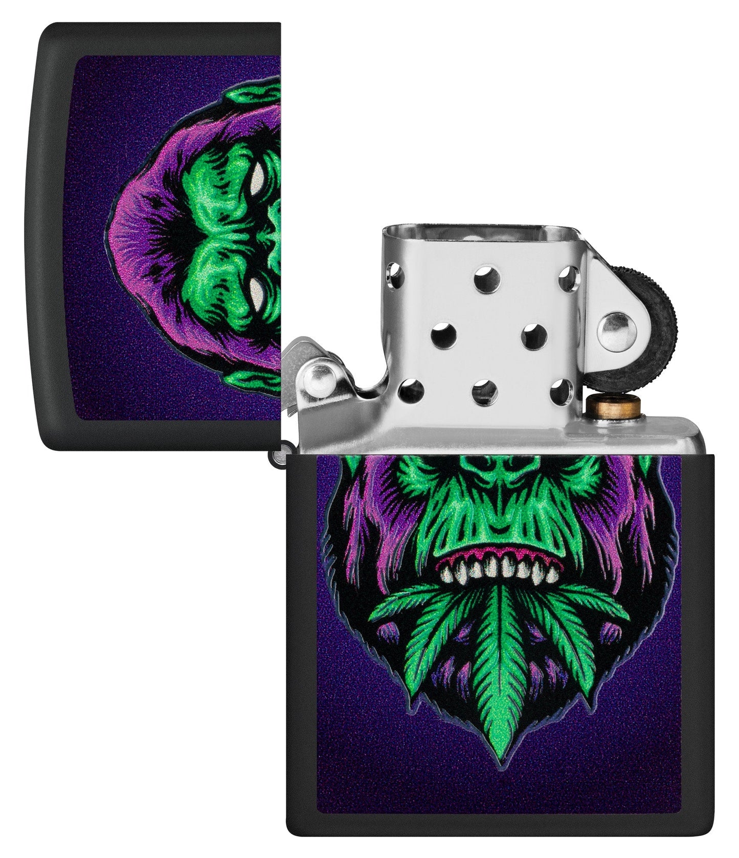 Zippo Black Light Cannabis Gorilla Design Black Matte Windproof Lighter with its lid open and unlit.