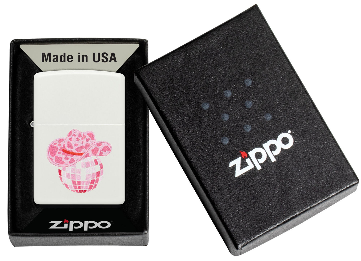 Zippo Honky Tonk Design White Matte Windproof Lighter in its packaging.