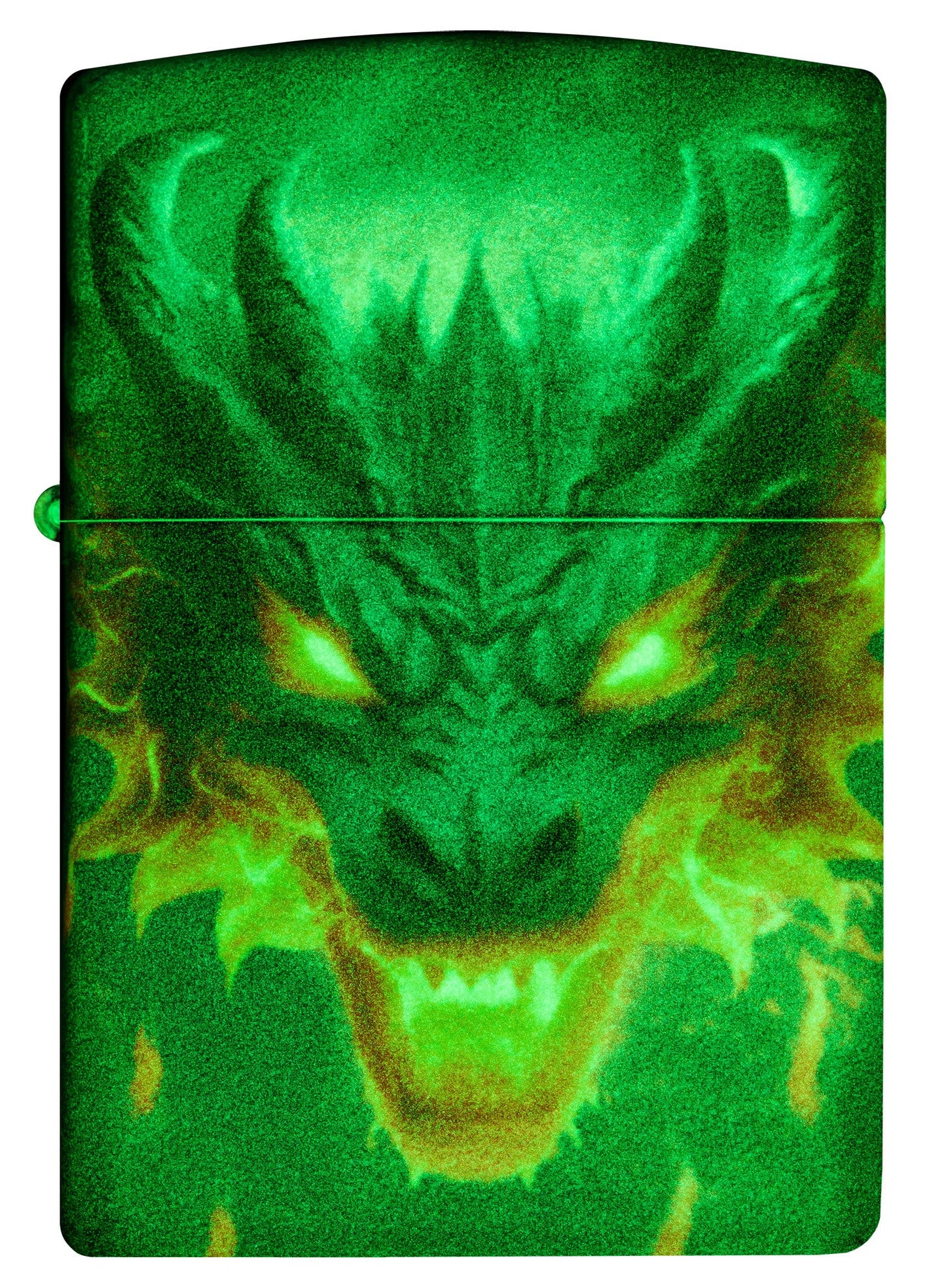Front view of Zippo Glowing Dragon Design 540 Color Glow in the Dark Windproof Lighter glowing in the dark.
