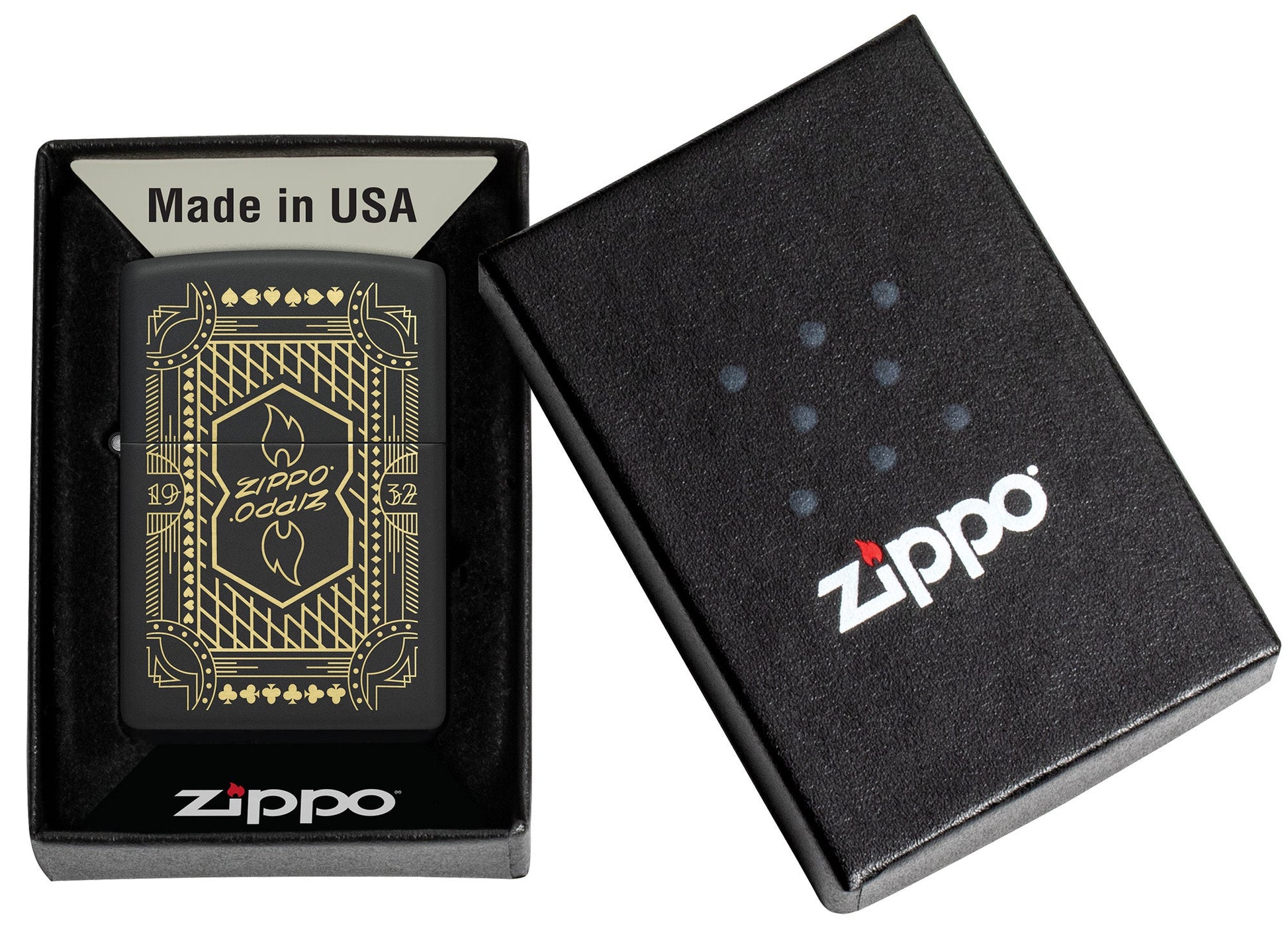 Zippo Lines Design Black Matte Windproof Lighter in its packaging.