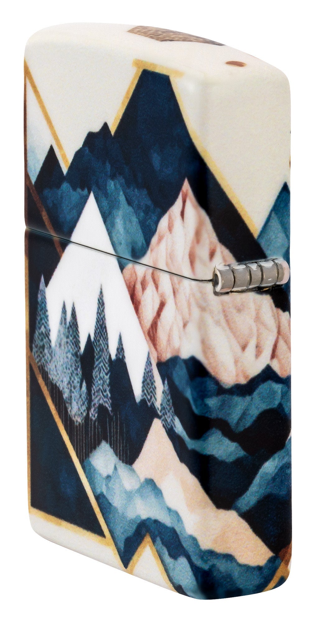 Angled shot of Zippo Mountain Collage Design 540 Matte Windproof Lighter showing the back and hinge side of the lighter.