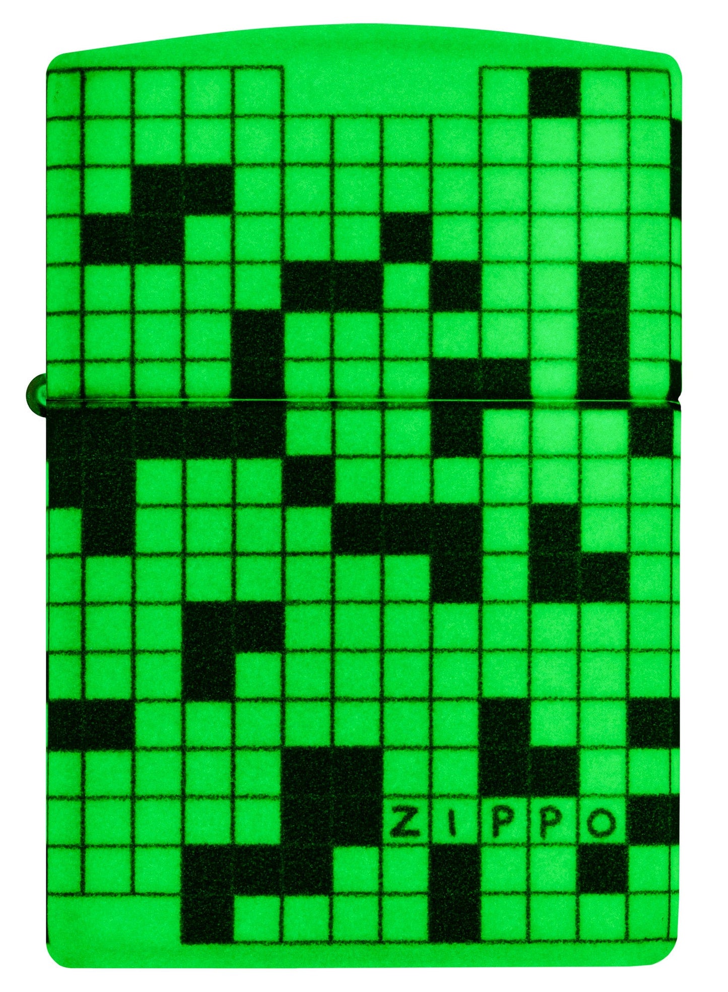 Front view of Zippo Crossword Design 540 Color Glow in the Dark Windproof Lighter glowing in the dark.