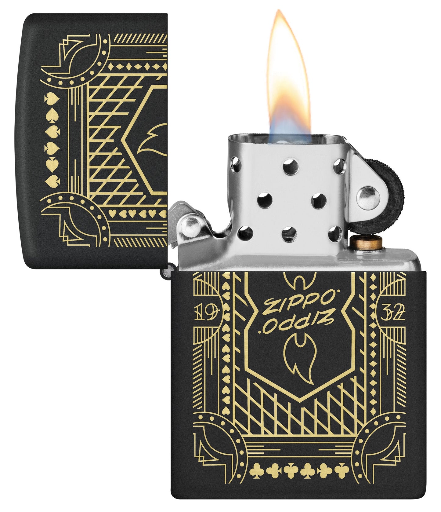 Zippo Lines Design Black Matte Windproof Lighter with its lid open and lit.