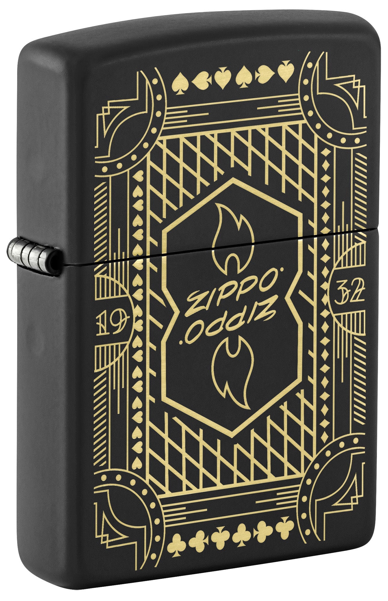 Front shot of Zippo Lines Design Black Matte Windproof Lighter standing at a 3/4 angle.