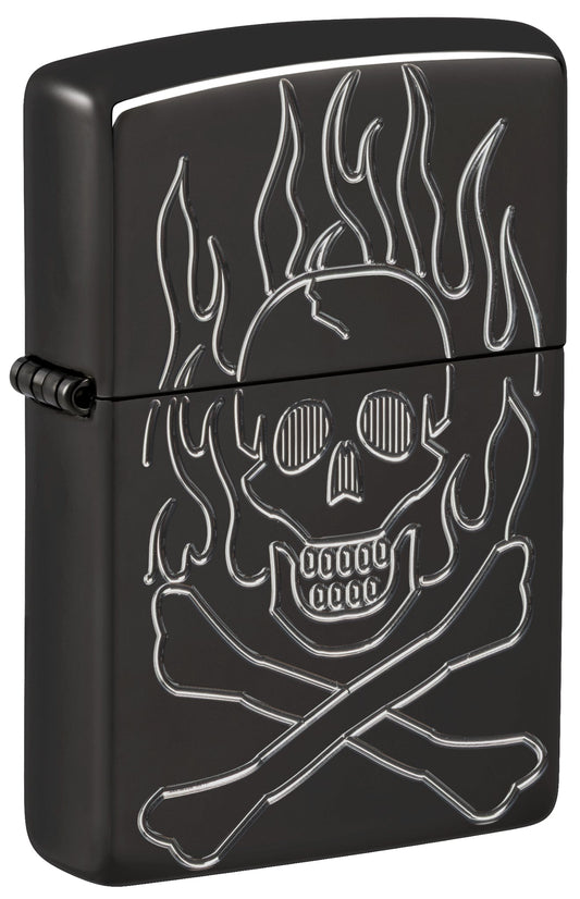 Front shot of Zippo Flaming Skull Design Armor® High Polish Black Windproof Lighter standing at a 3/4 angle.