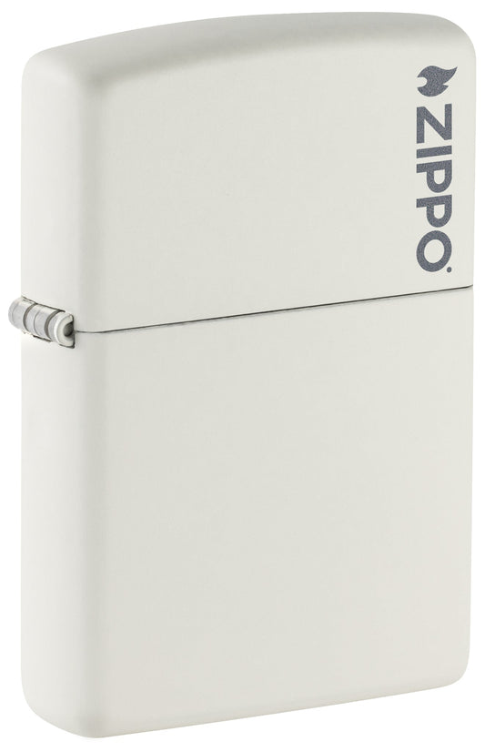 Front shot of Classic White Matte Zippo Logo Windproof Lighter standing at a 3/4 angle.