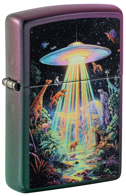 Front shot of Zippo Animal Abduction Design Iridescent Windproof Lighter standing at a 3/4 angle.
