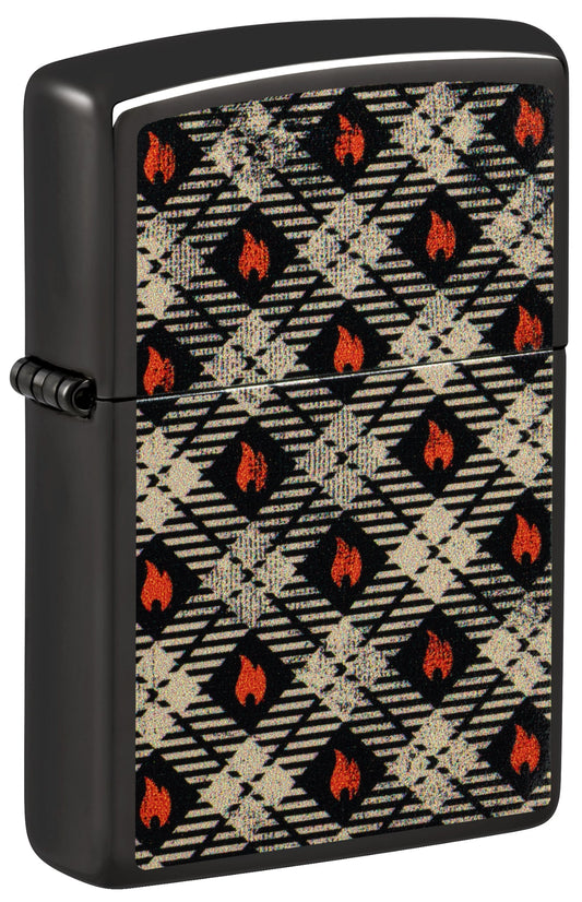 Front shot of Zippo Tartan Design High Polish Black Windproof Lighter standing at a 3/4 angle.