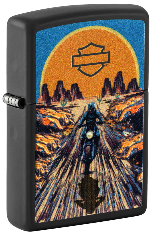 Front shot of Zippo Harley-Davidson® Texture Print Design Black Matte Windproof Lighter standing at a 3/4 angle.