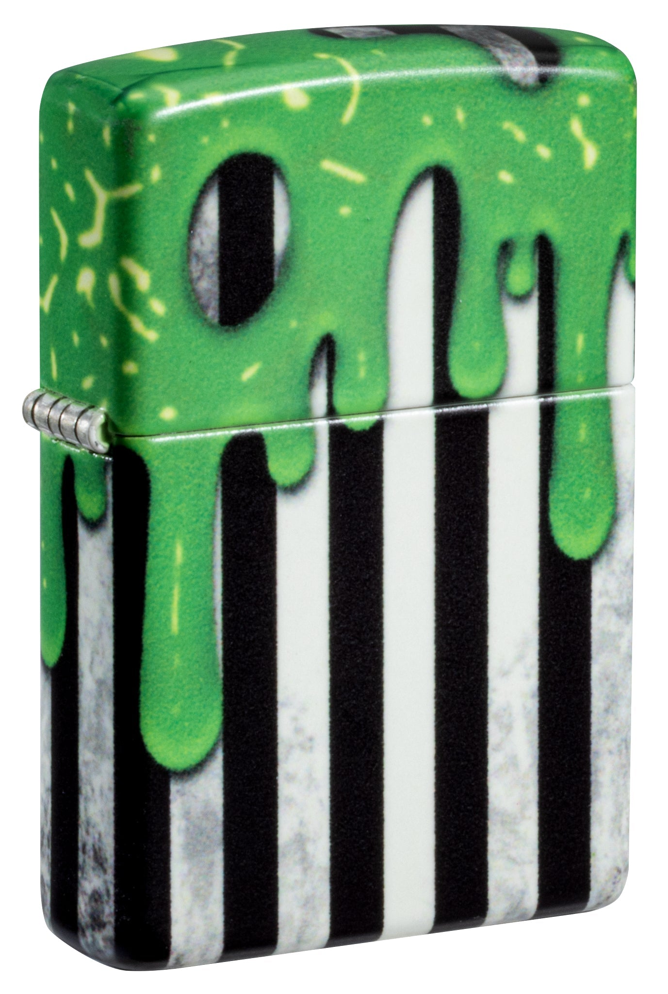 Front shot of Zippo Glowing Goo Design Glow-in-the-Dark Green Windproof Lighter standing at a 3/4 angle.