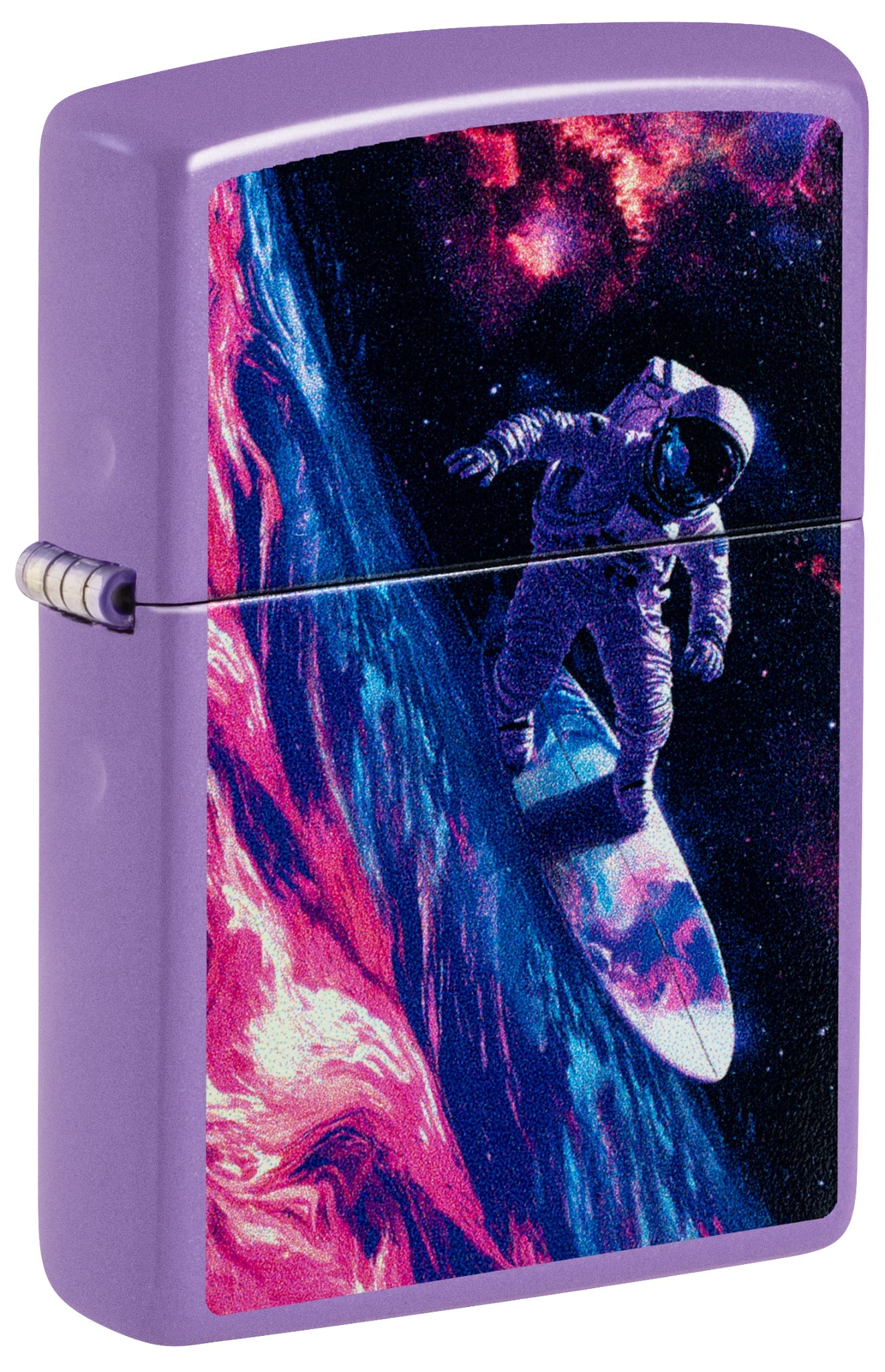 Front shot of Zippo Star Surfer Design Smoky Lavender Windproof Lighter standing at a 3/4 angle.