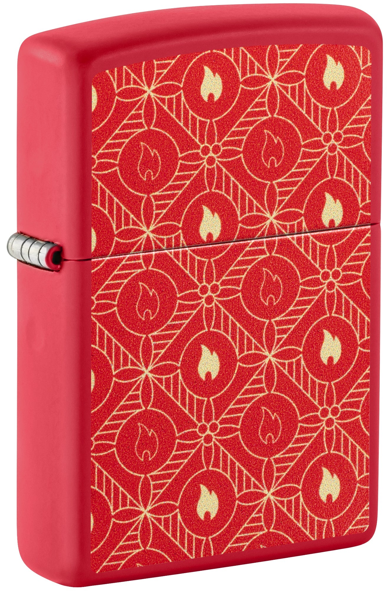 Front shot of Zippo Festive Flame Design Red Matte Windproof Lighter standing at a 3/4 angle.