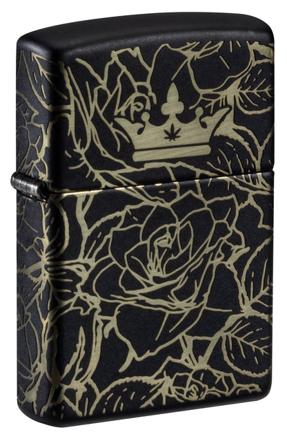 Front shot of Zippo Queen of Bud 360Â° Roses Design Black Matte Windproof Lighter standing at a 3/4 angle.