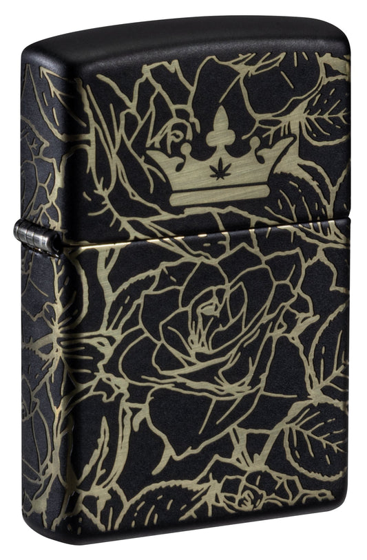 Front shot of Zippo Queen of Bud 360Â° Roses Design Black Matte Windproof Lighter standing at a 3/4 angle.