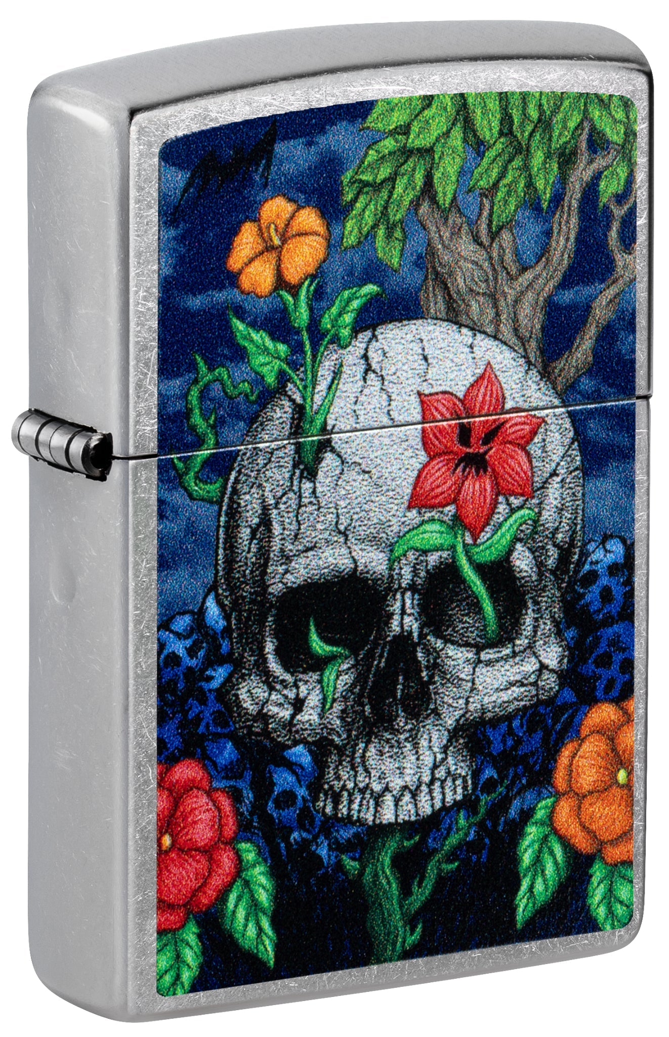 Front shot of Zippo Skull Sprout Design Street Chrome Windproof Lighter standing at a 3/4 angle.
