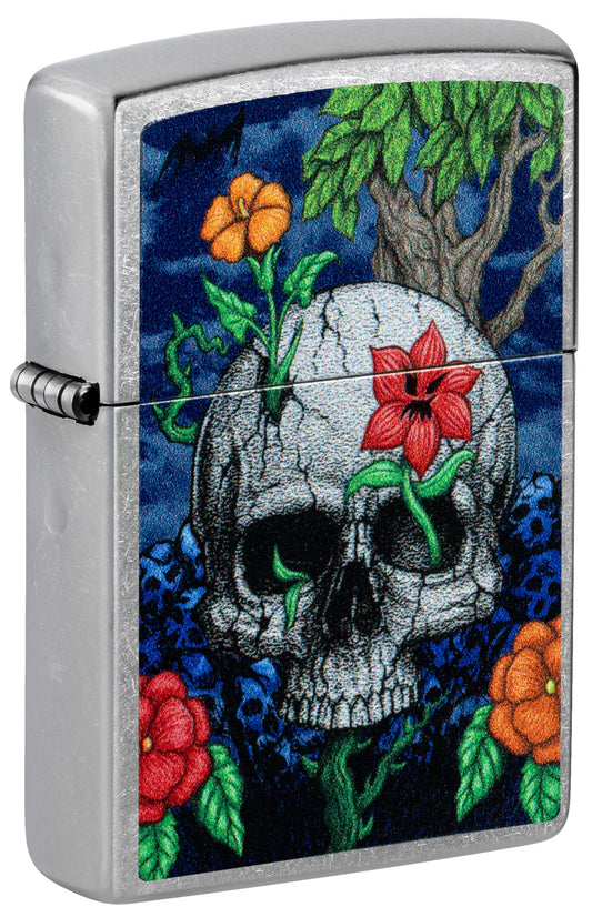 Front shot of Zippo Skull Sprout Design Street Chrome Windproof Lighter standing at a 3/4 angle.
