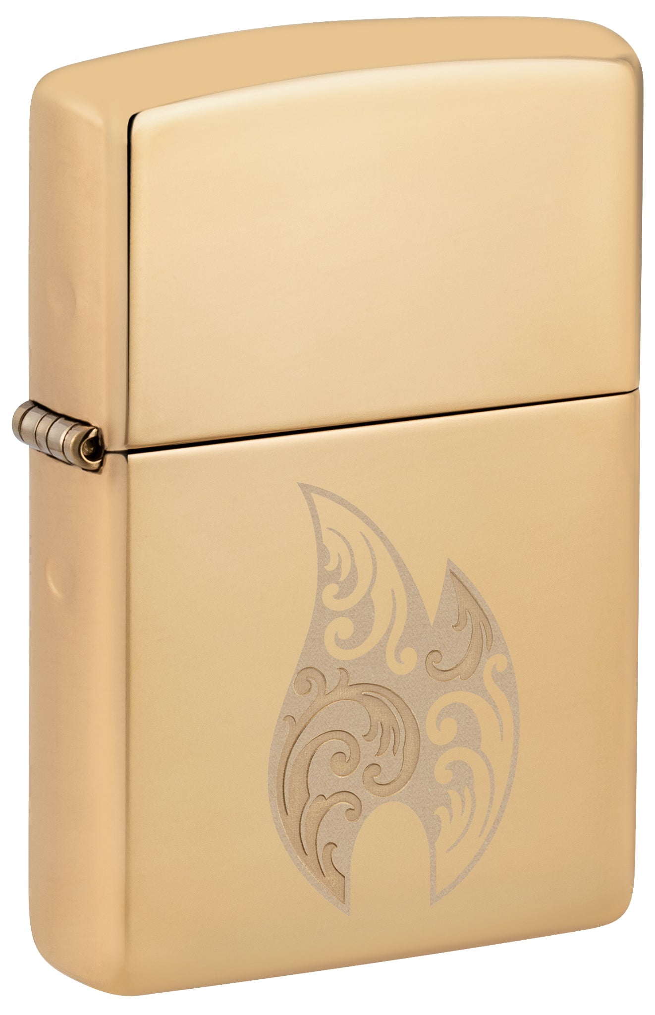 Front shot of Zippo Filigree Flame Design High Polish Brass Windproof Lighter standing at a 3/4 angle.