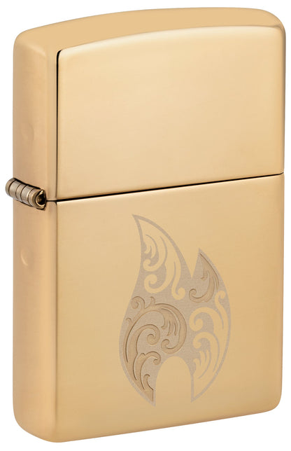 Front shot of Zippo Filigree Flame Design High Polish Brass Windproof Lighter standing at a 3/4 angle.