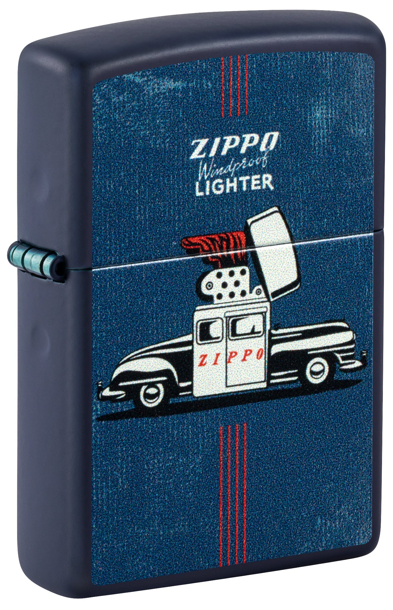 Front shot of Zippo Vintage Zippo Car Design Navy Matte Windproof Lighter standing at a 3/4 angle.