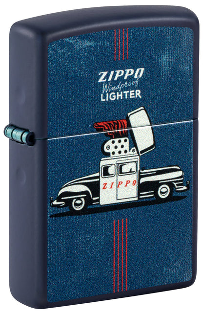 Front shot of Zippo Vintage Zippo Car Design Navy Matte Windproof Lighter standing at a 3/4 angle.