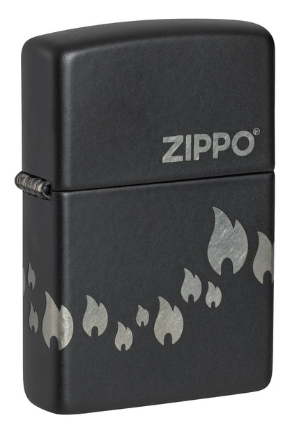Front view of Zippo Design Black Matte with Chrome Windproof Lighter standing at a 3/4 angle.