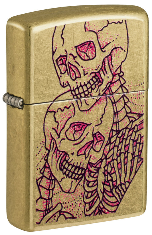 Front shot of Zippo Bony Embrace Design Street Brass standing at a 3/4 angle.