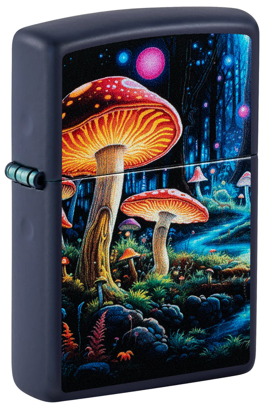Front shot of Zippo Black Light Mushroom Design Navy Matte Windproof Lighter standing at a 3/4 angle.