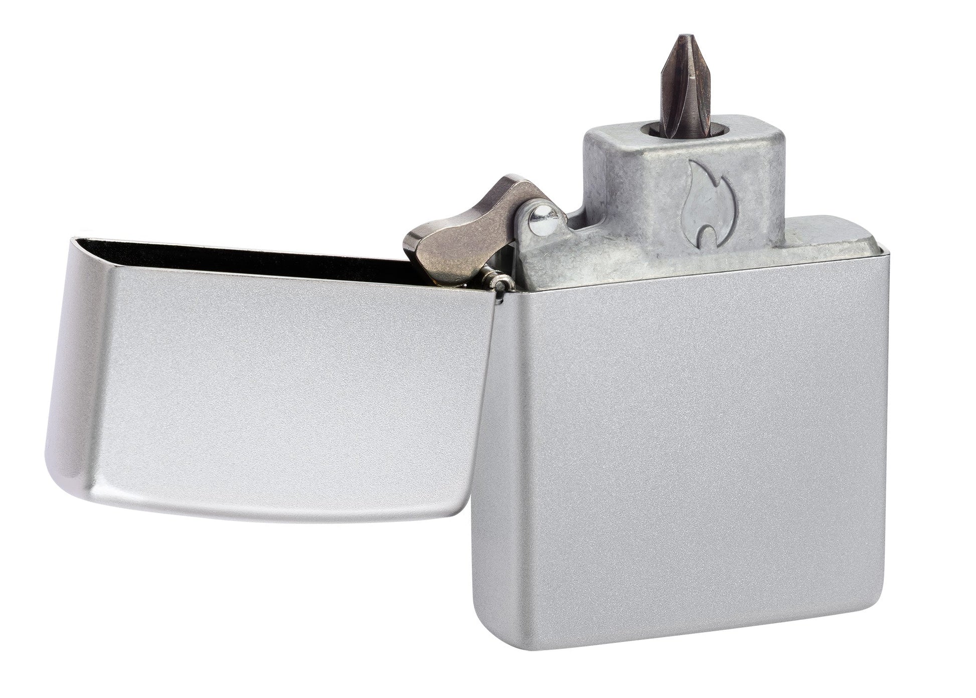 Zippo Bit Safe Screwdriver Satin Chrome Lighter Insert standing at a 3/4 angle with the Phillips head.

