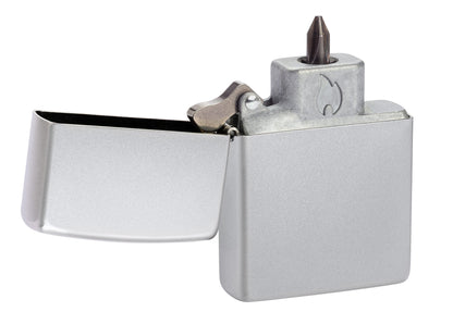 Zippo Bit Safe Screwdriver Satin Chrome Lighter Insert standing at a 3/4 angle with the Phillips head.

