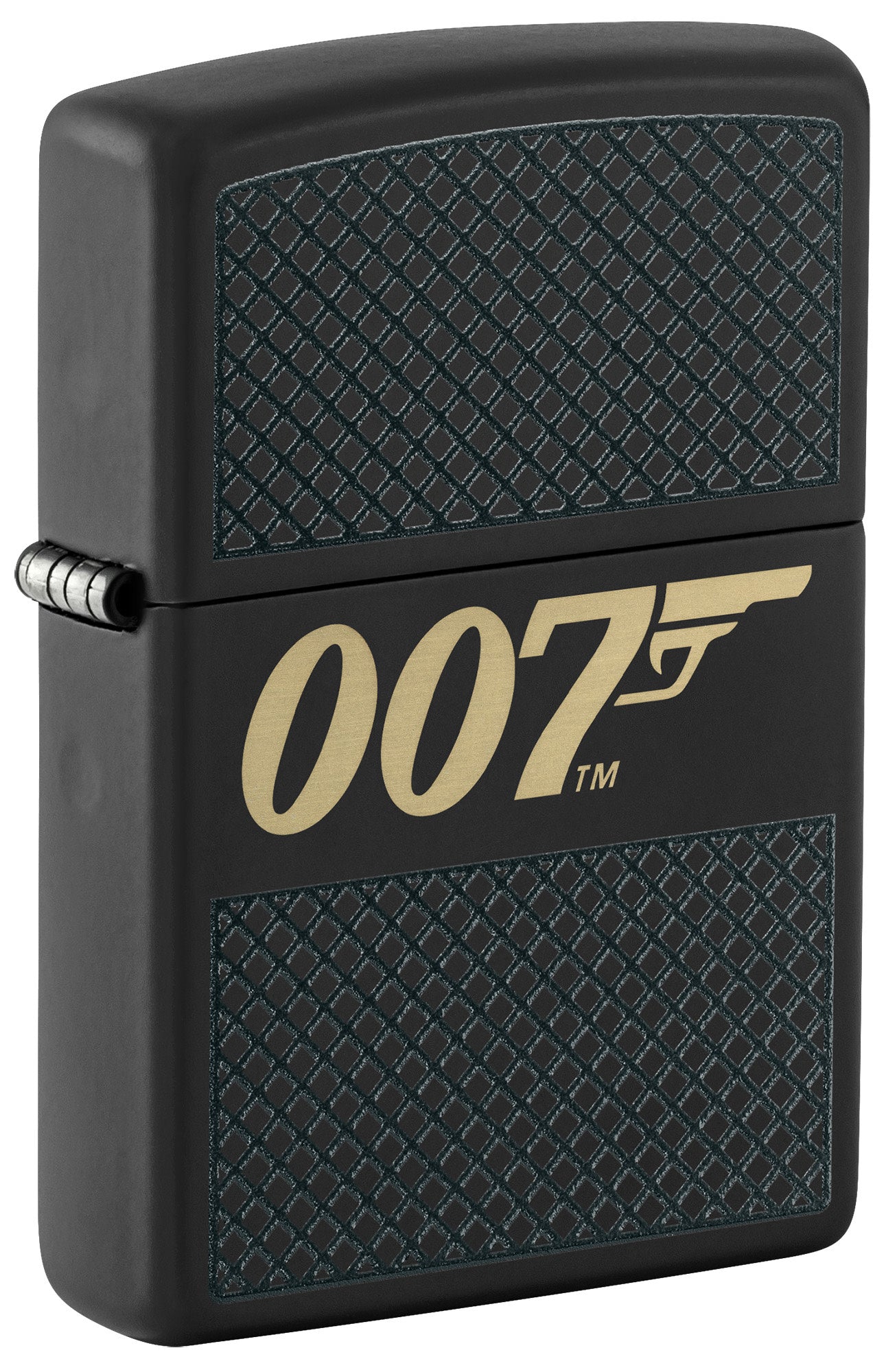 Front shot of Zippo James Bond 007™ Design Black Matte Windproof Lighter standing at a 3/4 angle.