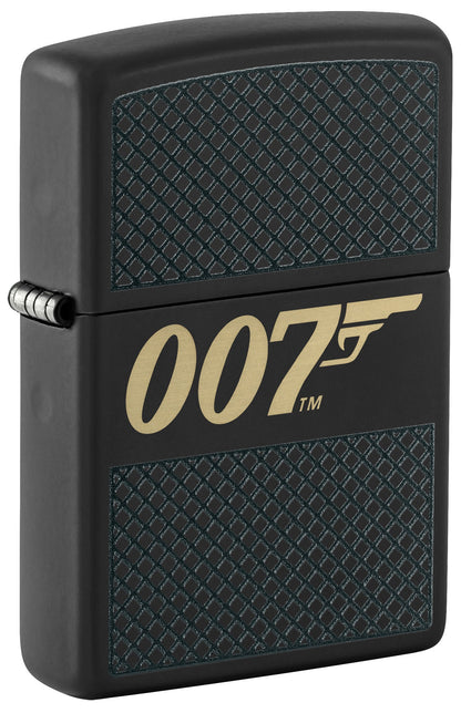 Front shot of Zippo James Bond 007™ Design Black Matte Windproof Lighter standing at a 3/4 angle.