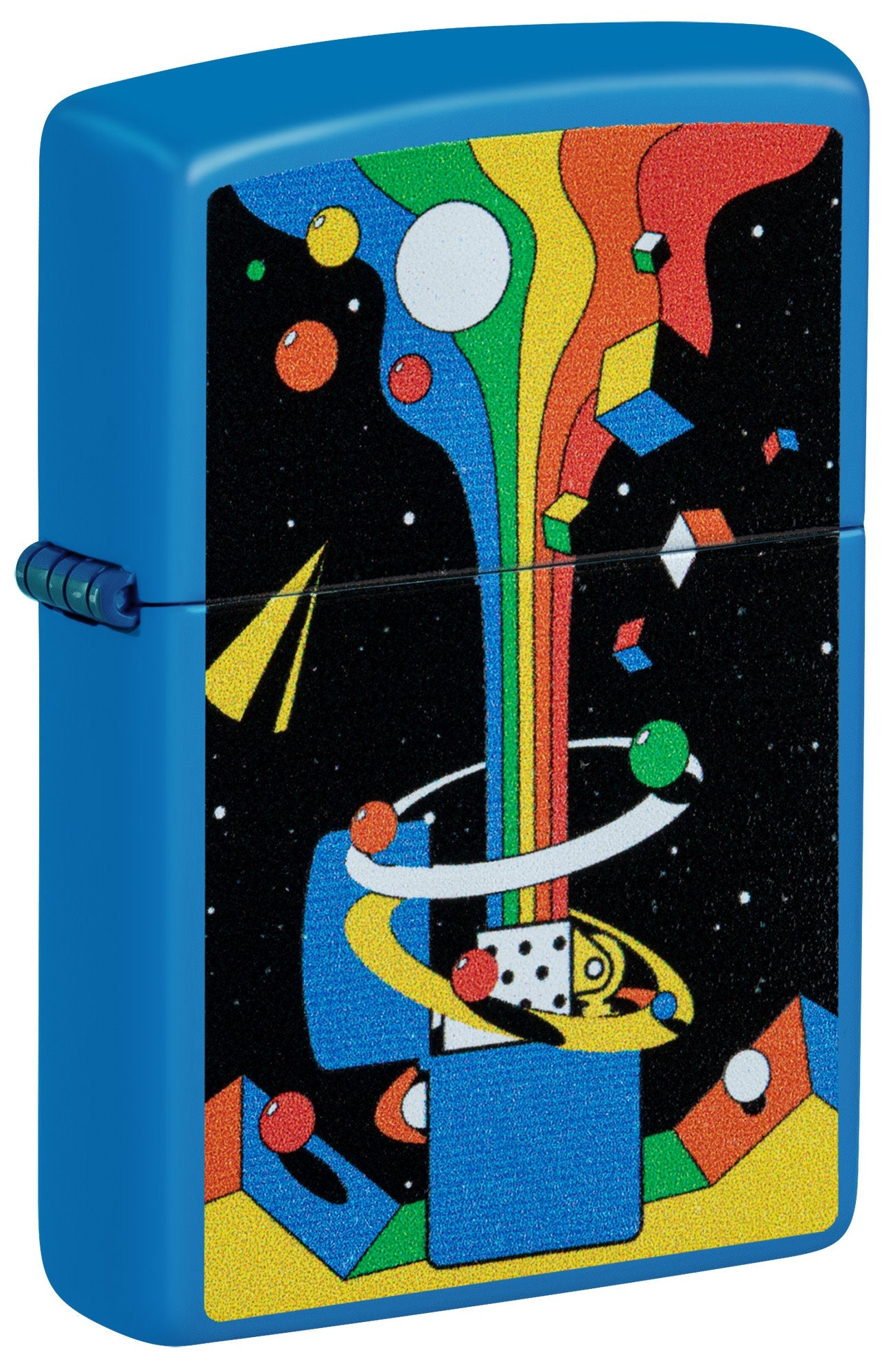 Front shot of Zippo Cosmic Zippo Design Sky Blue Matte Windproof Lighter standing at a 3/4 angle.