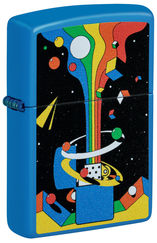 Front shot of Zippo Cosmic Zippo Design Sky Blue Matte Windproof Lighter standing at a 3/4 angle.