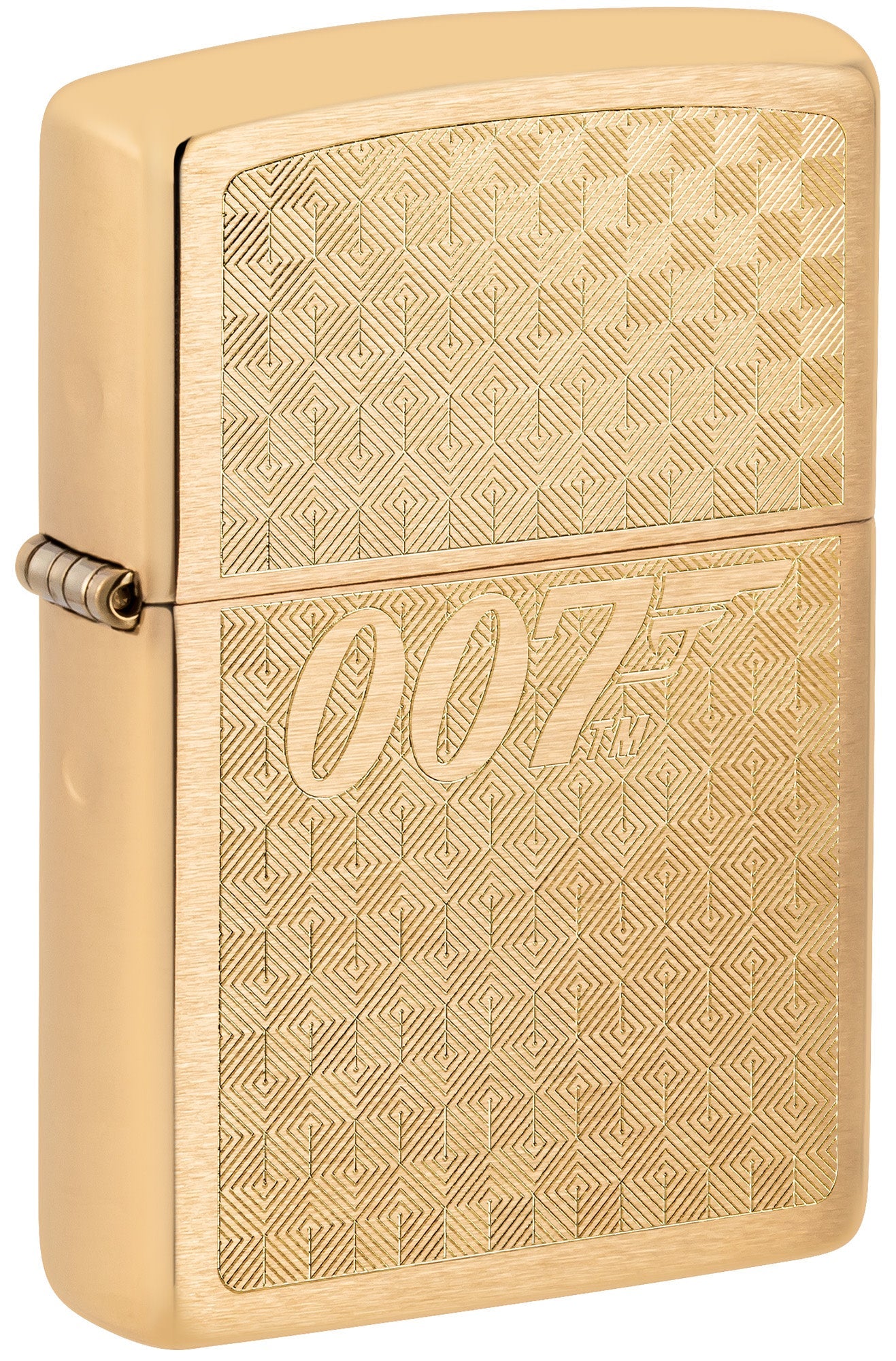 Front shot of Zippo Textured James Bond 007™ Design Brushed Brass Windproof Lighter standing at a 3/4 angle.